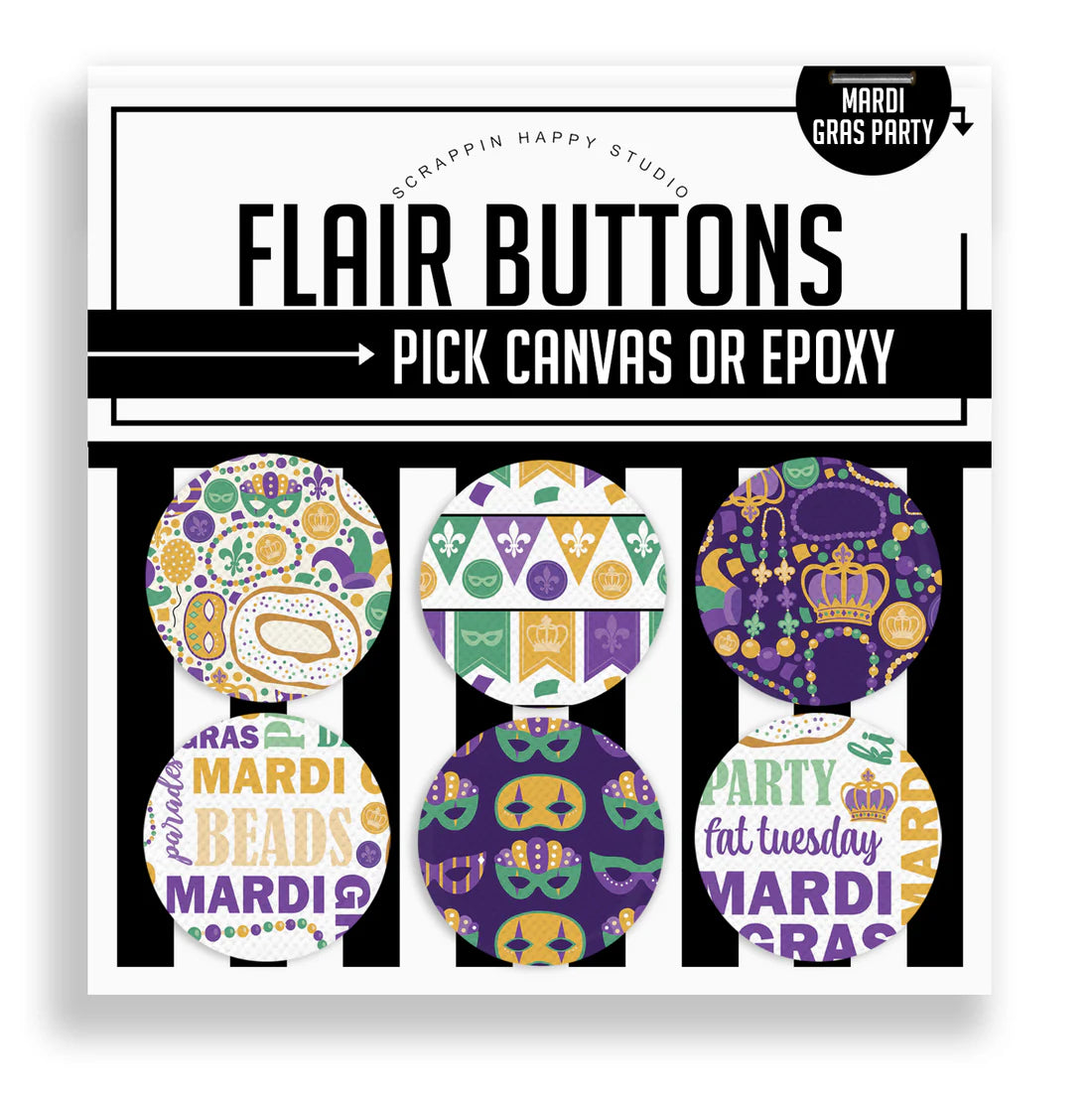 Mini Canvas Flair Buttons 1" - Mardi Gras Party